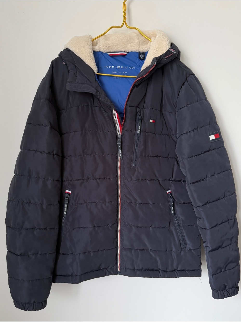 Tommy Hilfiger Navy Quilted Water Resistant Puffer Jacket Sherpa Hood Mens Small
